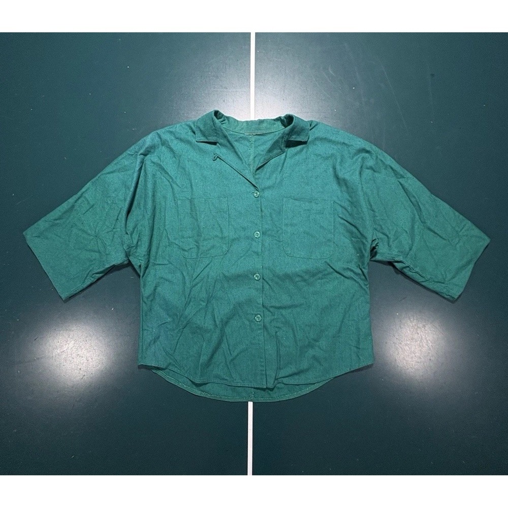 Vintage 50s Loop Collar Slub Shirt Women's Large Blouse Green Rockabilly Camp